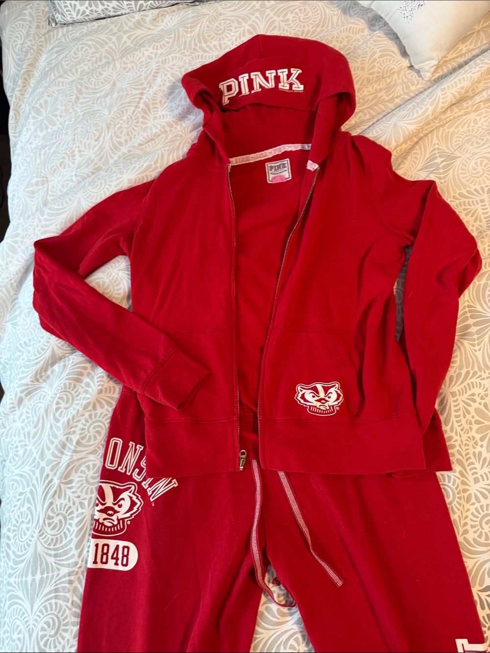PINK Victoria's Secret Red Wisconsin Badger sweatshirt and Capri Sweatpants